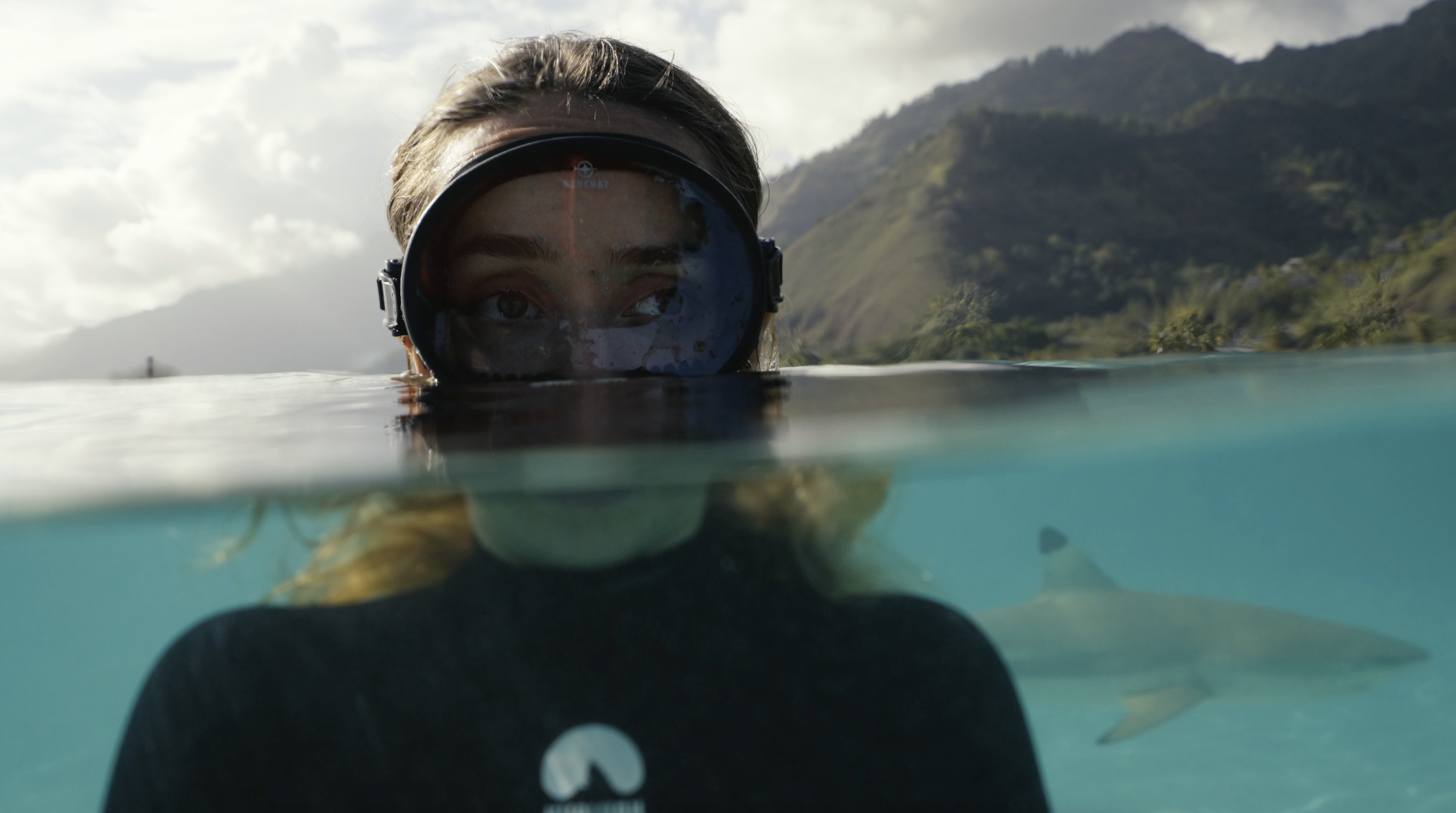 Split shot de Margaux avec un requin pointes noires en polynésie française